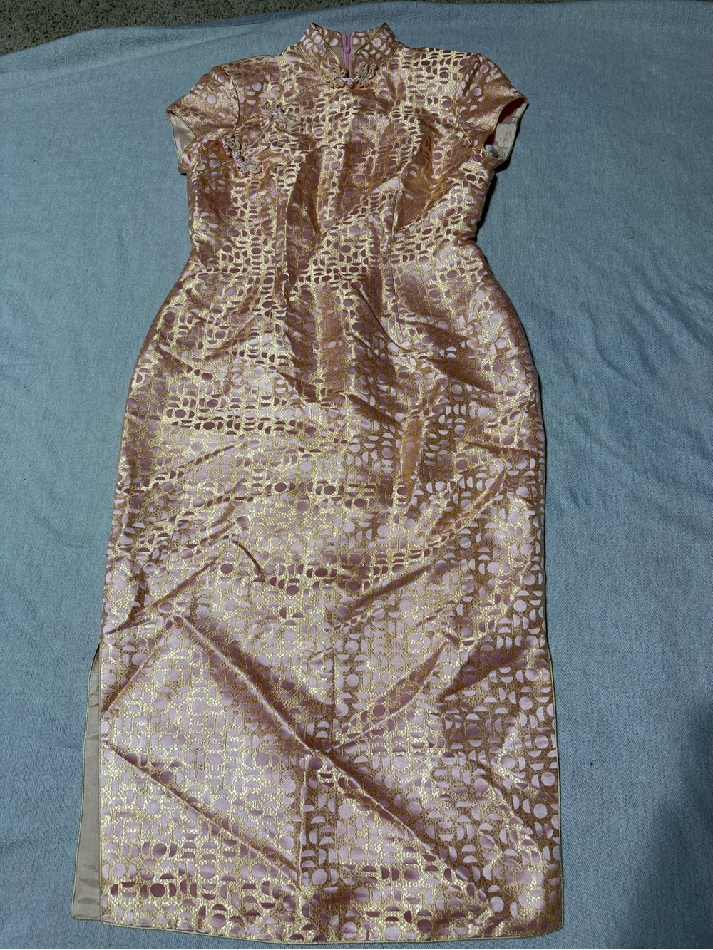 Metallic Pink and Gold Brocade Midi Cheongsam Dress